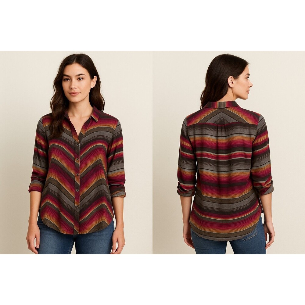 intro. Striped Rayon Button Front Tunic Top Small Roll-Tab Sleeves Multicolor‎